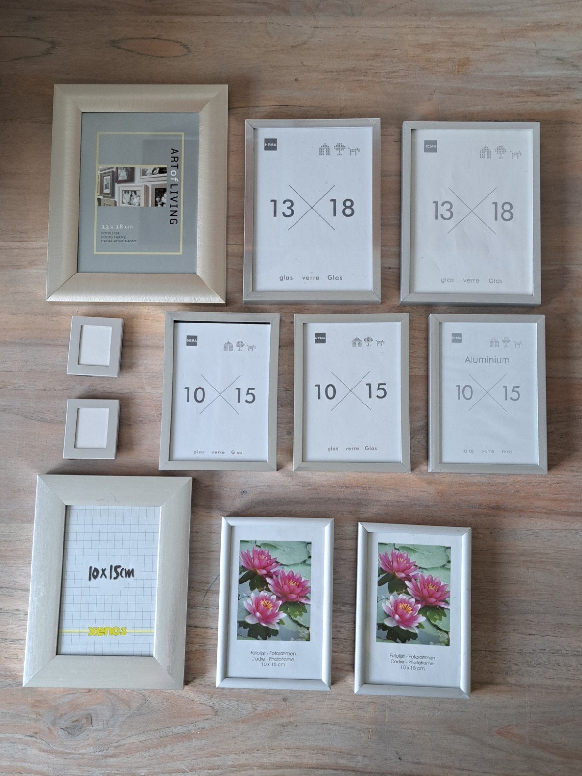 11 zilver kleurige fotolijsten 10x15 en 13x18 en 2x pasfoto, Audio, Tv en Foto, Fotografie | Fotolijsten, Zilver, Met glas, Metaal