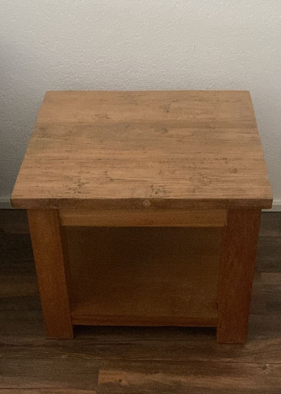 Houten teak bijzettafel met opbergruimte, Minder dan 45 cm, Minder dan 55 cm, Gebruikt, Vierkant
