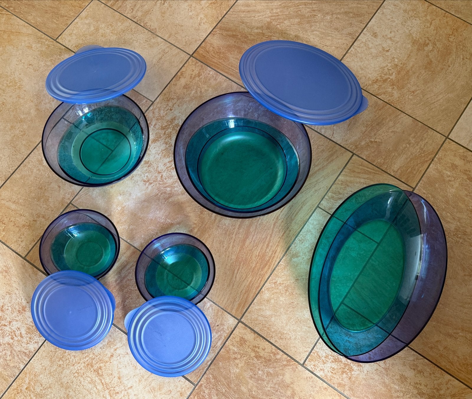 Set van 5 Tupperware kommen met deksels, Ophalen of Verzenden, Gebruikt, Blauw, Bak of Kom