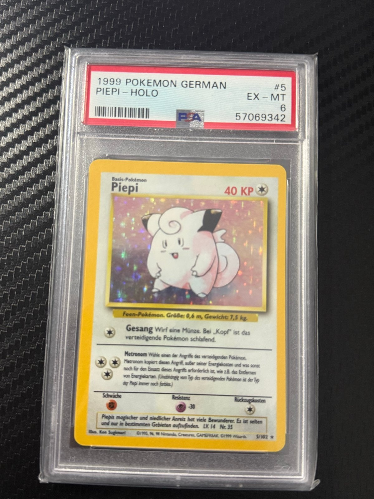 1999 Pokémon Duitse Piepi Holo PSA 6 EX-MT, Ophalen of Verzenden, Gebruikt, Losse kaart, Foil