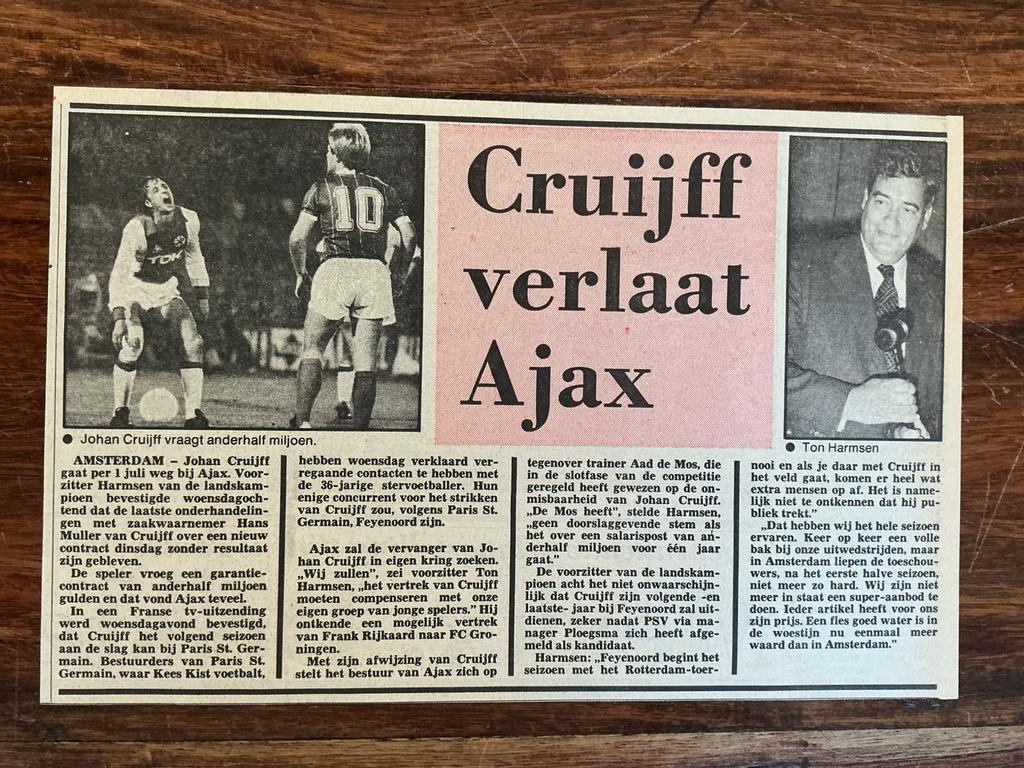 Voetbl krantenartikel Cruijff verlaat Ajax mei 1983, Ophalen of Verzenden, Knipsel(s)