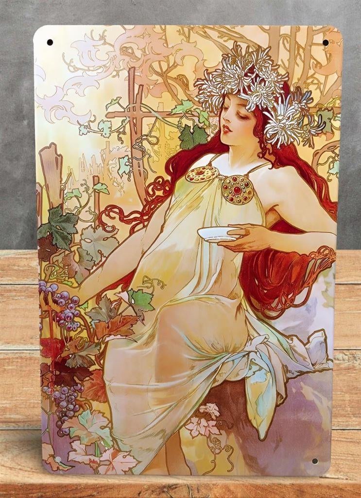 ALPHONSE MUCHA HERFST Jugendstil Wandbord Poster, Antiek en Kunst, Verzenden
