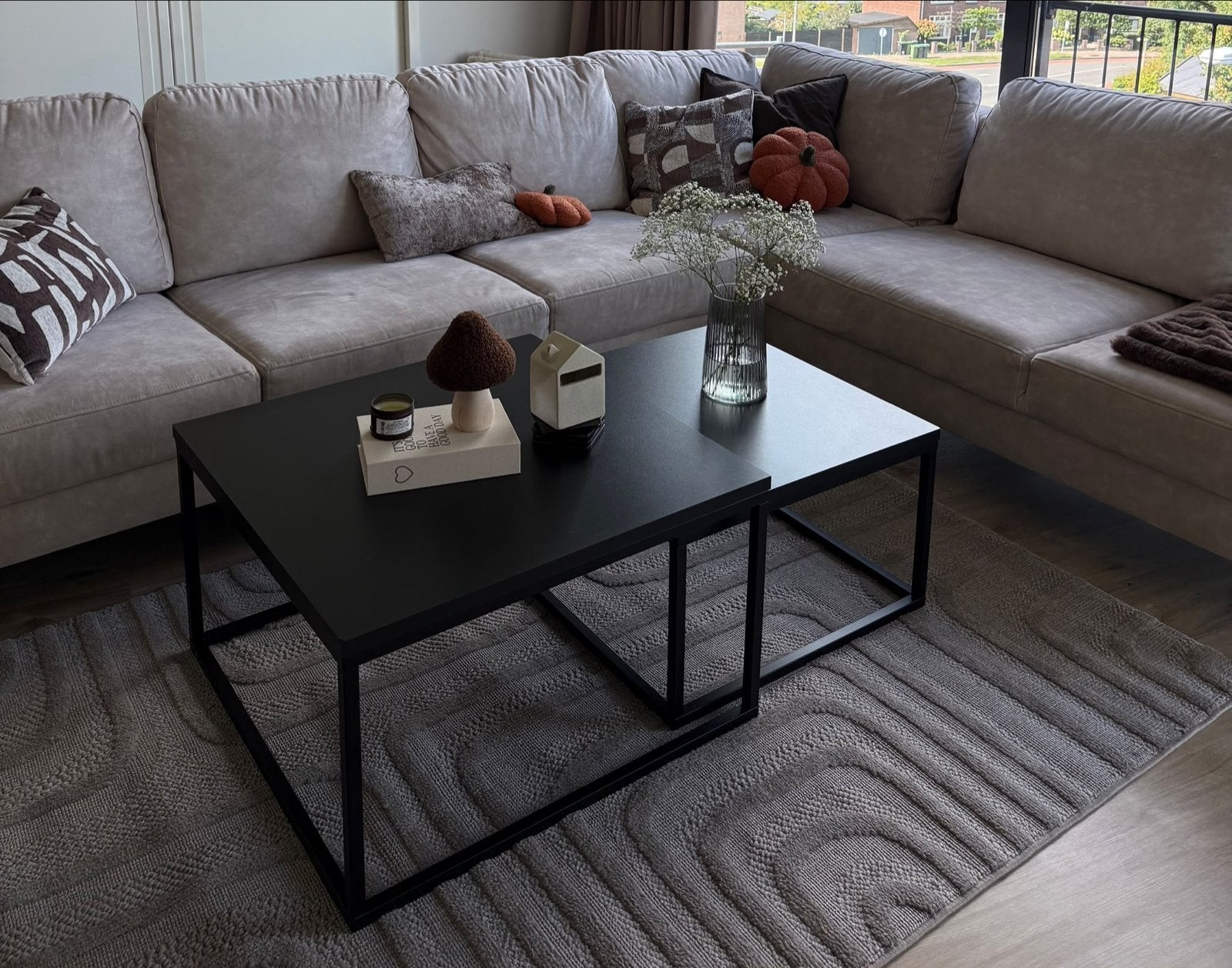 Set van 2 salontafels - Zwart metaal en hout, Huis en Inrichting, Ophalen, Gebruikt, 50 tot 100 cm, Vierkant