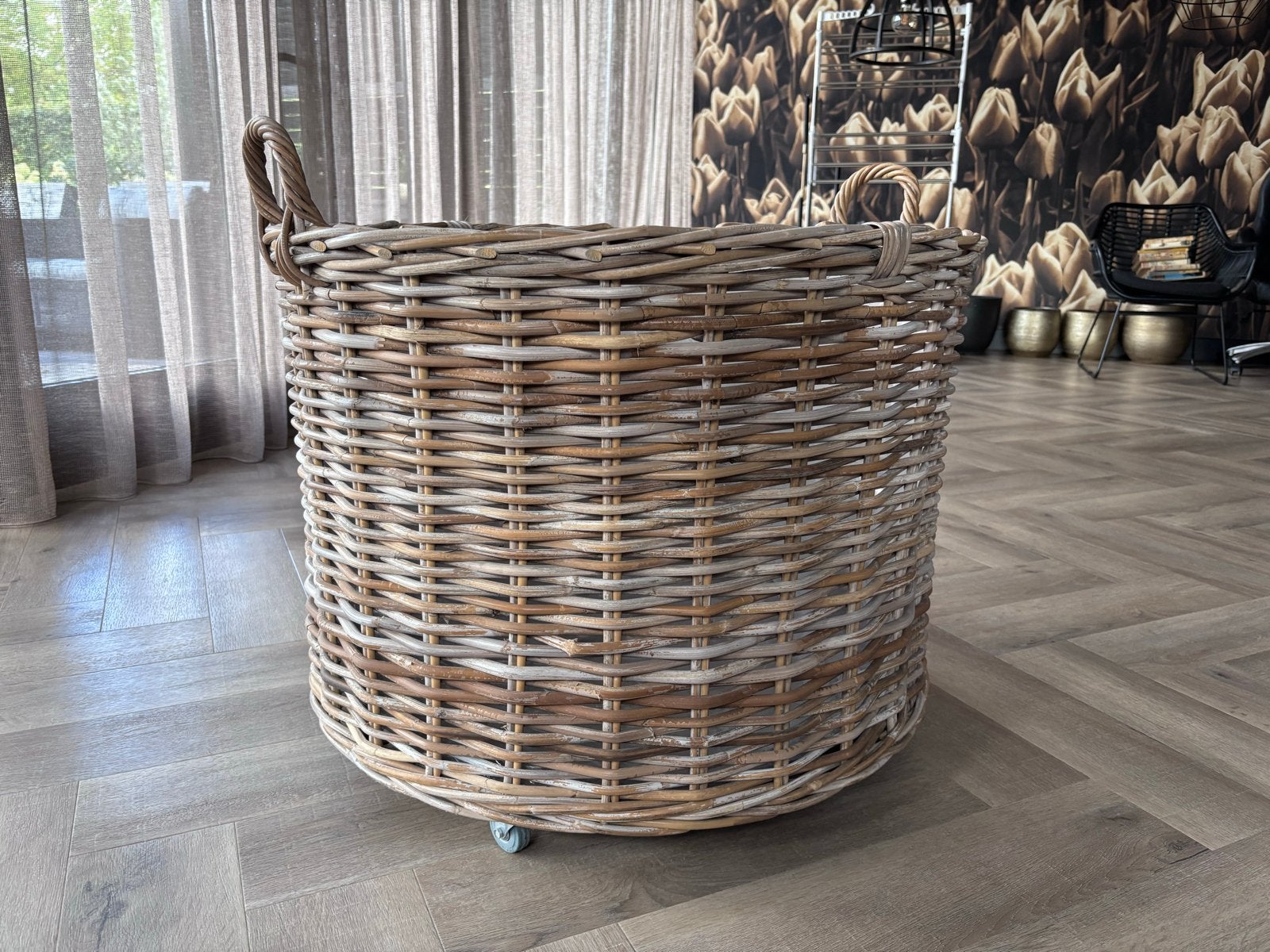 Grote rieten plantenmand rotan verrijdbaar Ø80cm H70cm, Ophalen, Gebruikt, Landelijk, Natuurlijk materiaal