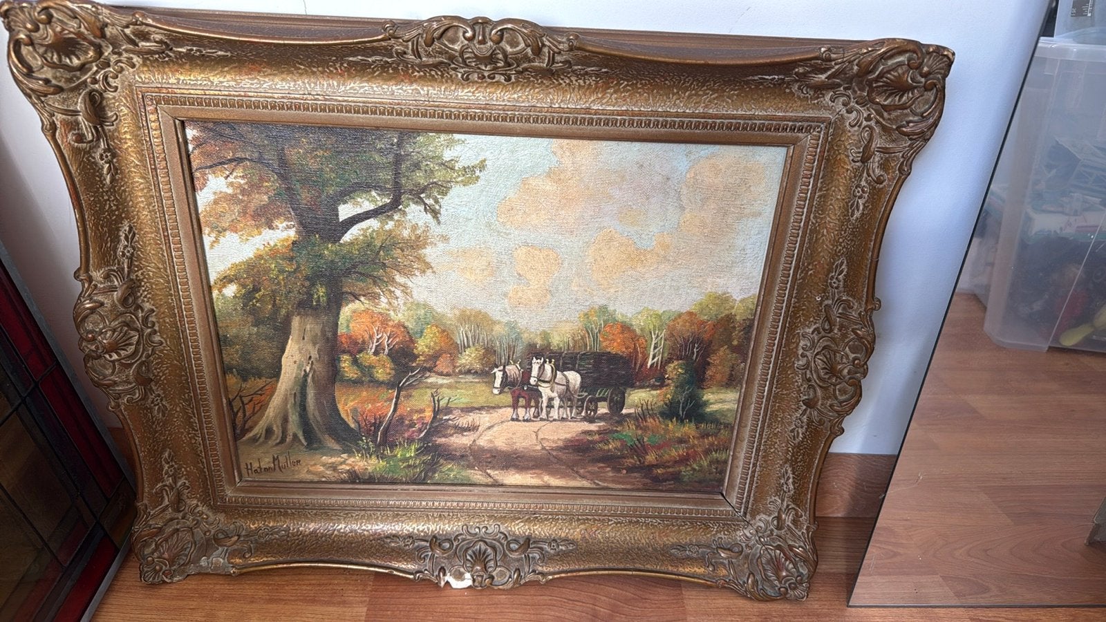Schilderij met paard en wagen in herfstlandschap, Ophalen, Doek, Realistisch, Landschap