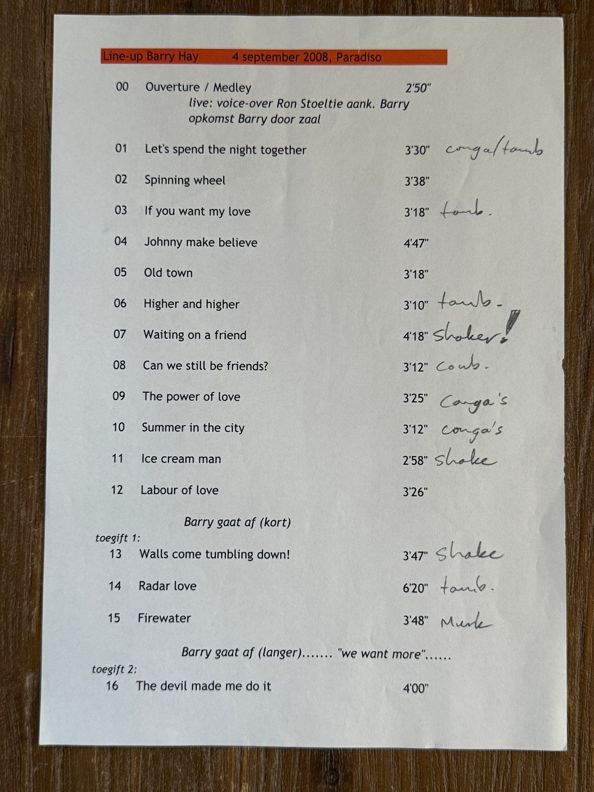 Setlist Barry Hay & Metropole Big Band 4-9-2008 Paradiso (4), Ophalen of Verzenden, Boek, Tijdschrift of Artikel