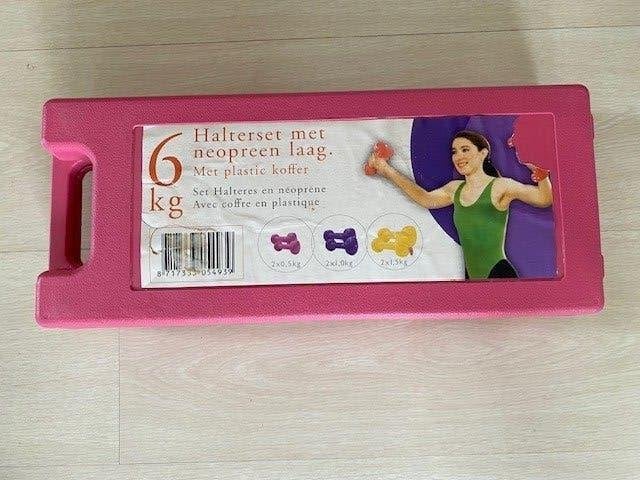 Leuke gekleurde halterset met diverse gewichten (6 kg), Sport en Fitness, Fitnessmaterialen, Ophalen, Gebruikt, Rug, Halterset