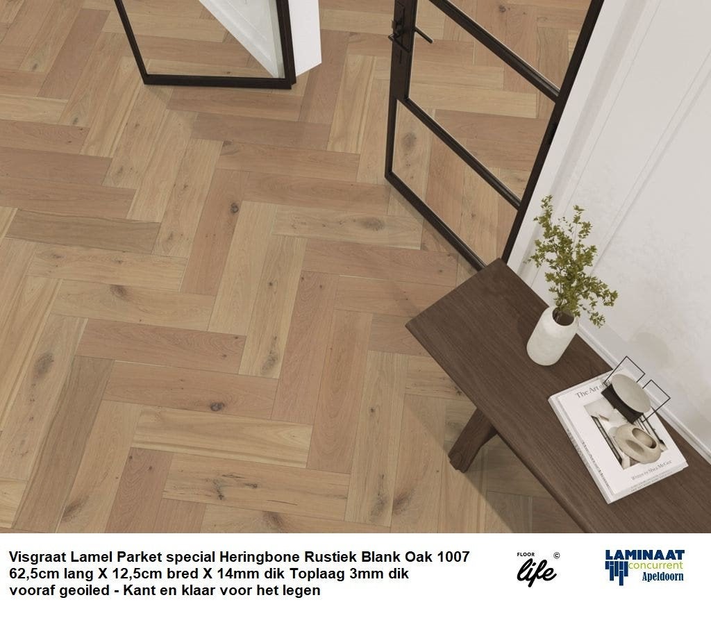 Visgraat Lamel Parket Rustiek Blank 1007 14mm dik 4V-groev, Huis en Inrichting, Parket, 75 m² of meer, Visgraat lamel parket onbehandeld 14mm dik