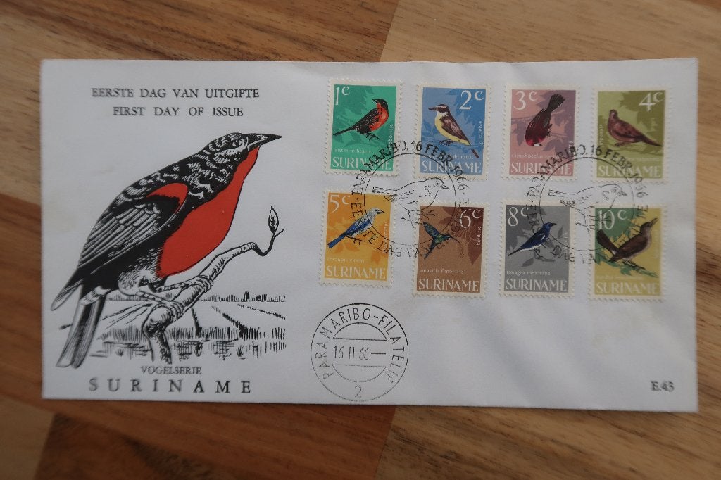 Suriname FDC E43a  Vogels 1966, Ophalen of Verzenden, Nederland