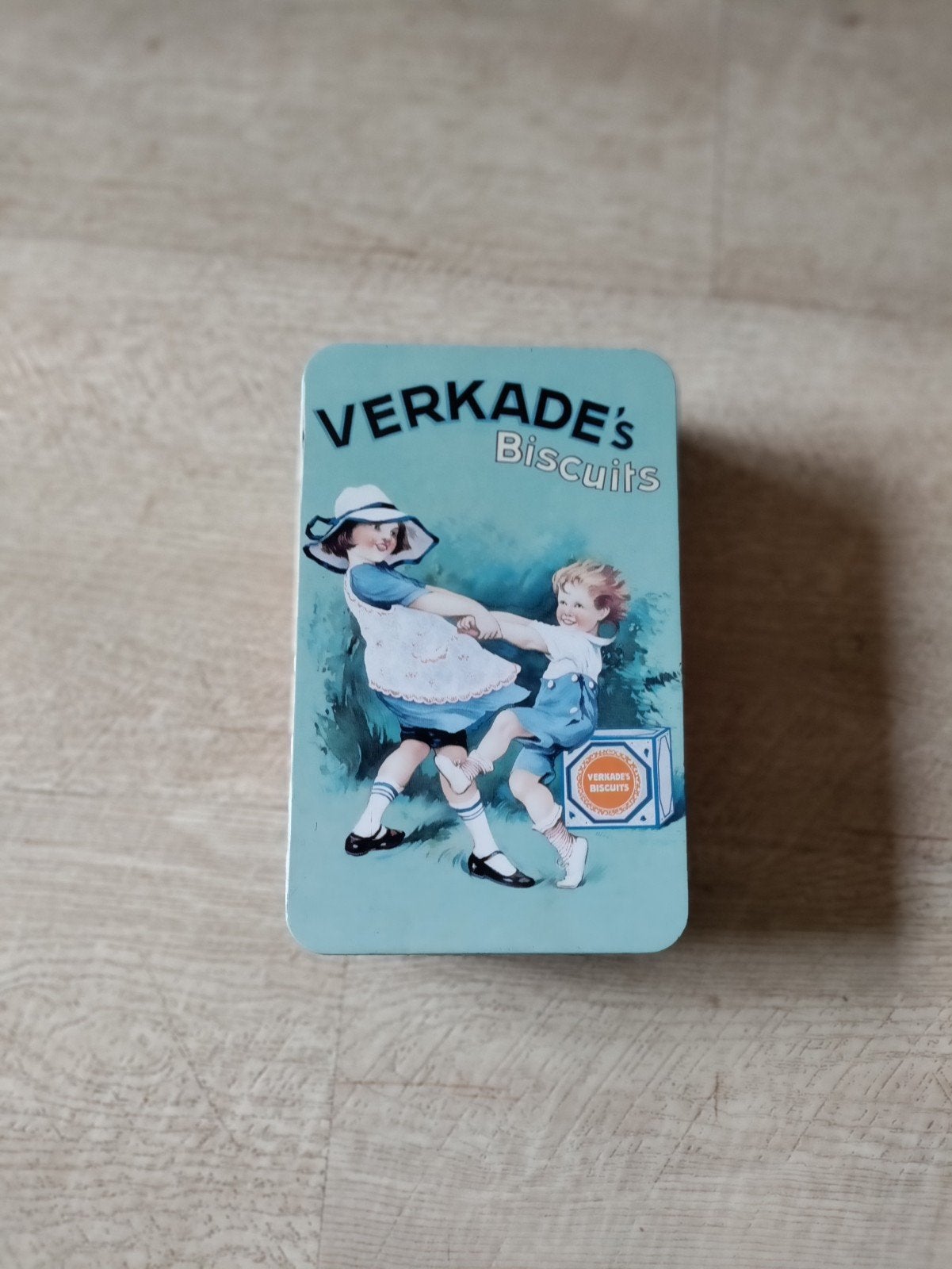 Vintage Verkade's Biscuits blik - Turquoise blauw, Ophalen of Verzenden, Zo goed als nieuw, Koek(jes), Verkade