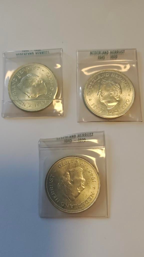 3x Zilveren munt 10 Gulden Nederland Herrijst 1945-1970, Koningin Juliana, Setje, Zilver, Overige waardes