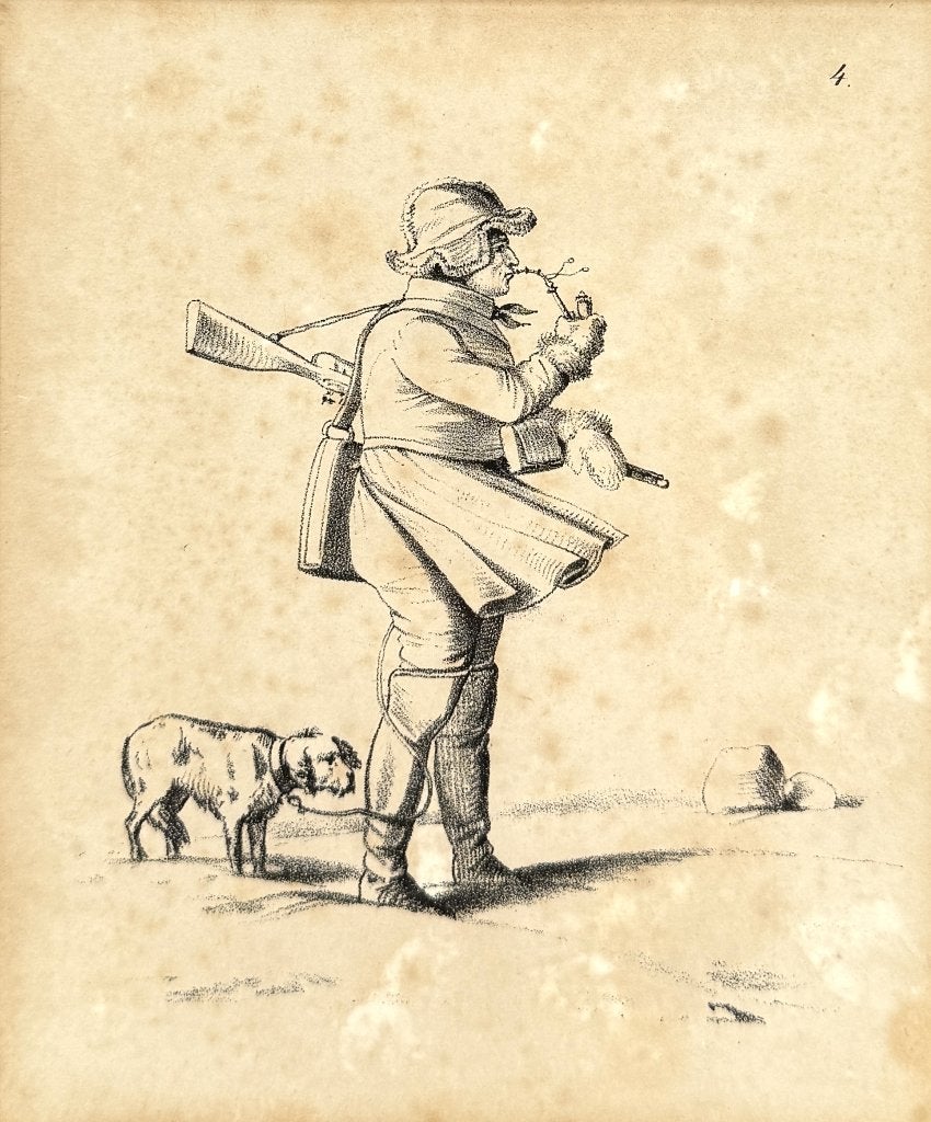 1342. Litho, Alois Geissler – jager met jachthond, 19e eeuw, Ophalen
