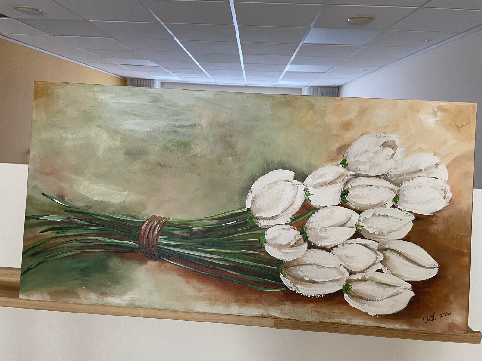 Schilderij met witte bloemen, gesigneerd en gedateerd, Bloemen, Gedateerd, Doek, Realistisch