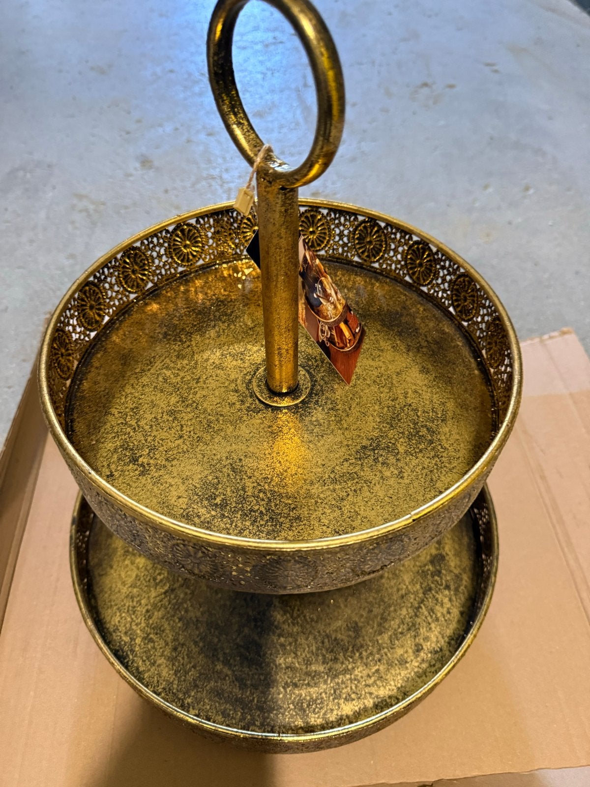 Gouden etagere met 2 lagen - Dienblad - Serveerplateau, Ophalen, Decoratieve rand, Rond, Nieuw