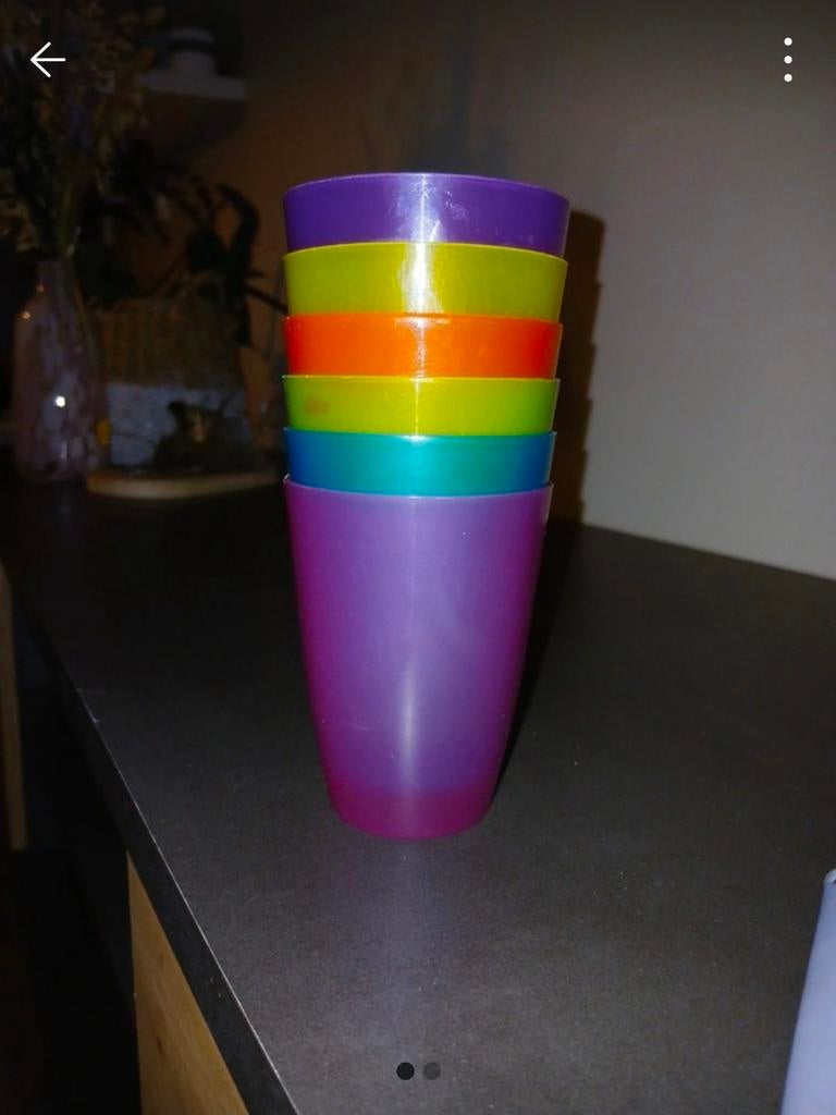 6 plastic bekers in verschillende kleuren, Ophalen of Verzenden