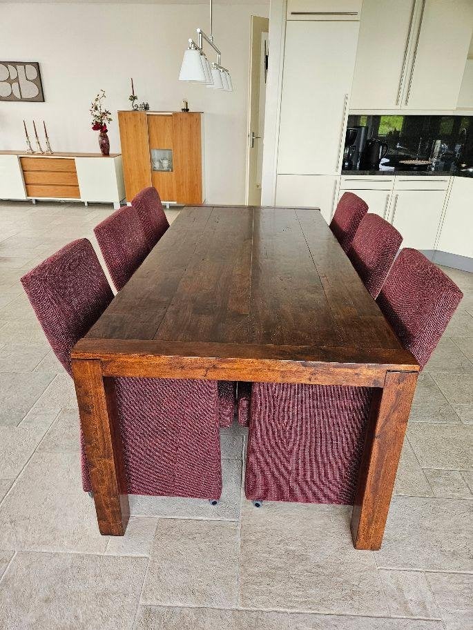 Mooie houten robuuste Eettafel en 6 stoelen, Huis en Inrichting, Tafels | Eettafels, Ophalen, 200 cm of meer, 50 tot 100 cm, Zo goed als nieuw