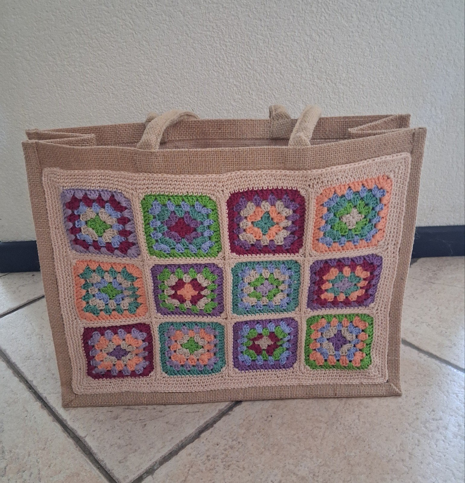 Gehaakte jute tas granny squares, Ophalen of Verzenden, Nieuw, Haken