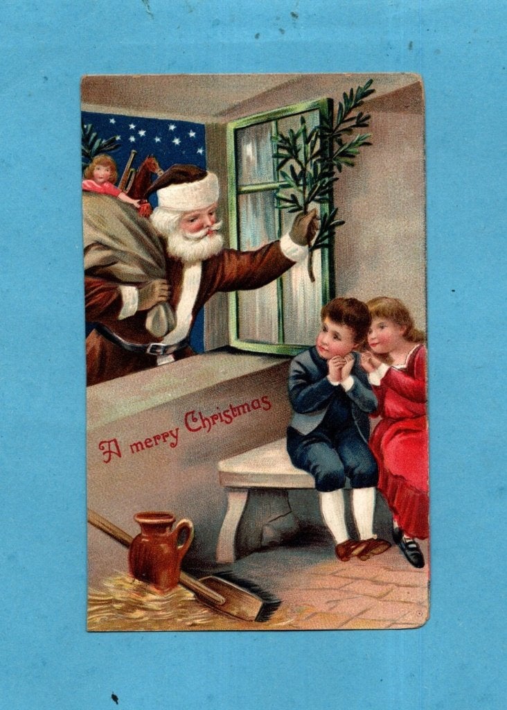 Pracht  kerstkaart/reliéf W375 - Santa met takje/kinderen, Ophalen of Verzenden, Voor 1920, Ongelopen, Feest(dag)