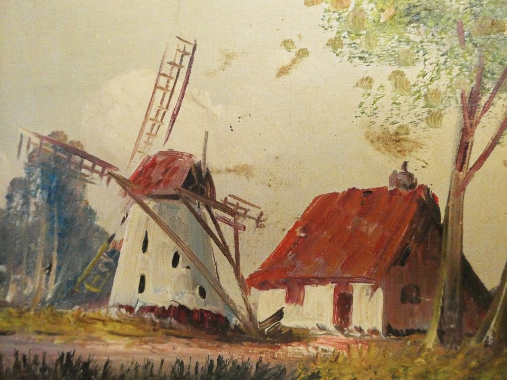 Nostalgisch olieverf schilderij Hollands landschap met molen, Doek, Oud hollands, Ophalen of Verzenden, Gesigneerd