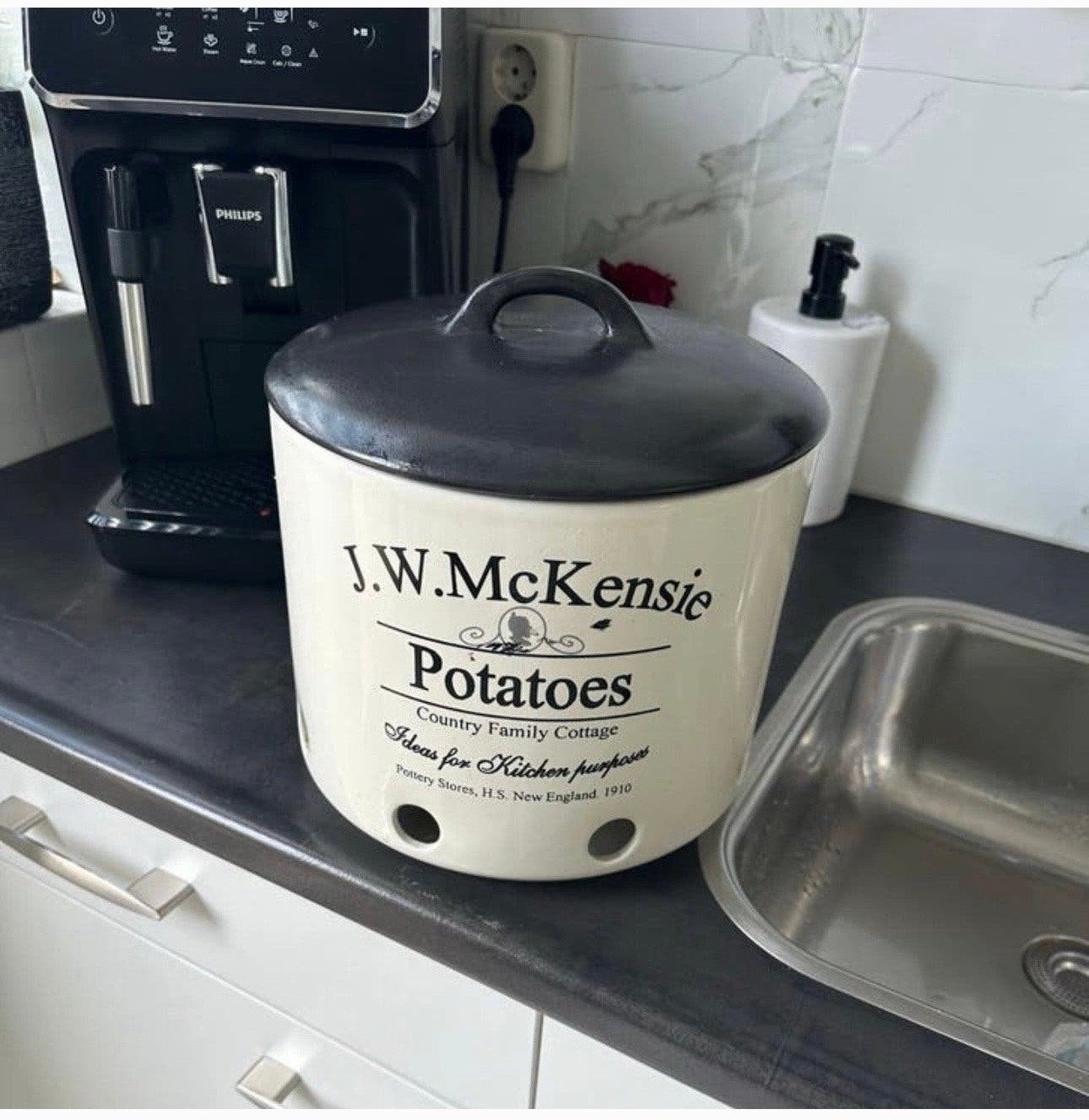 J.W. McKensie Aardappel Voorraadpot - Crème/Zwart, Ophalen, Gebruikt, Voorraadpot, Steen/keramiek