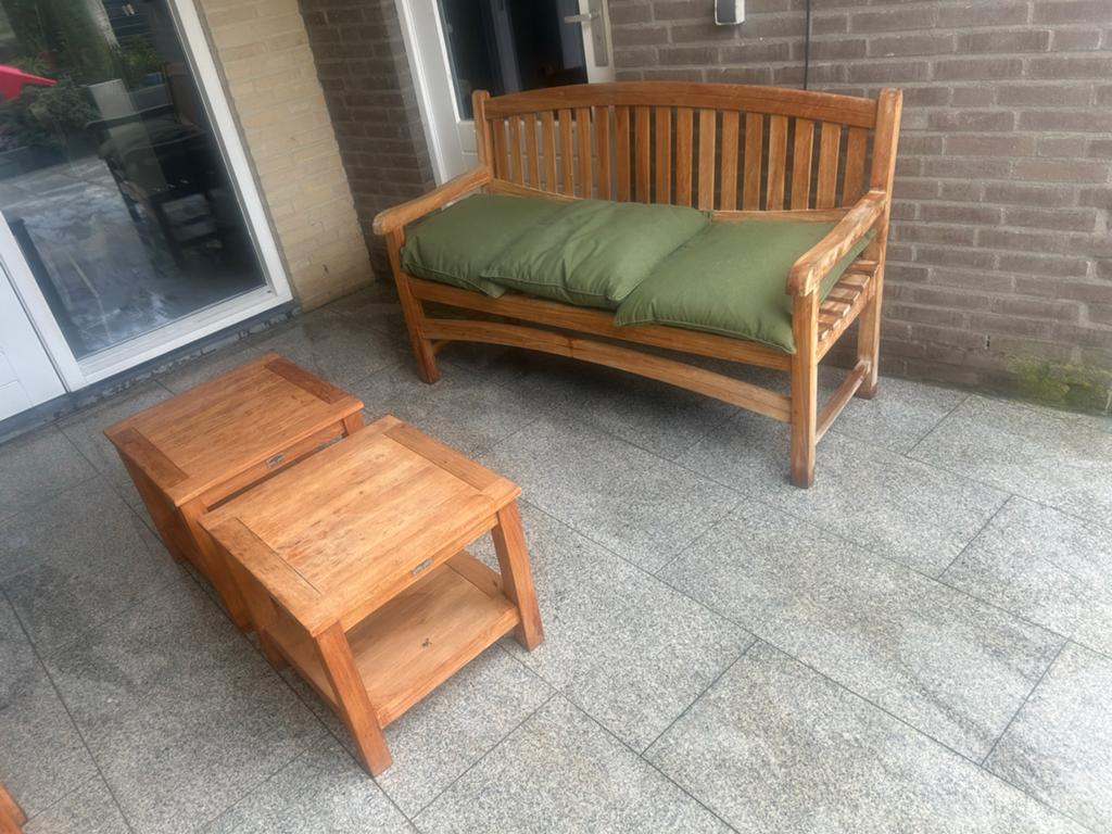 Teakhout tuinset met kussens, Ophalen of Verzenden, Gebruikt, Teakhout, Bank