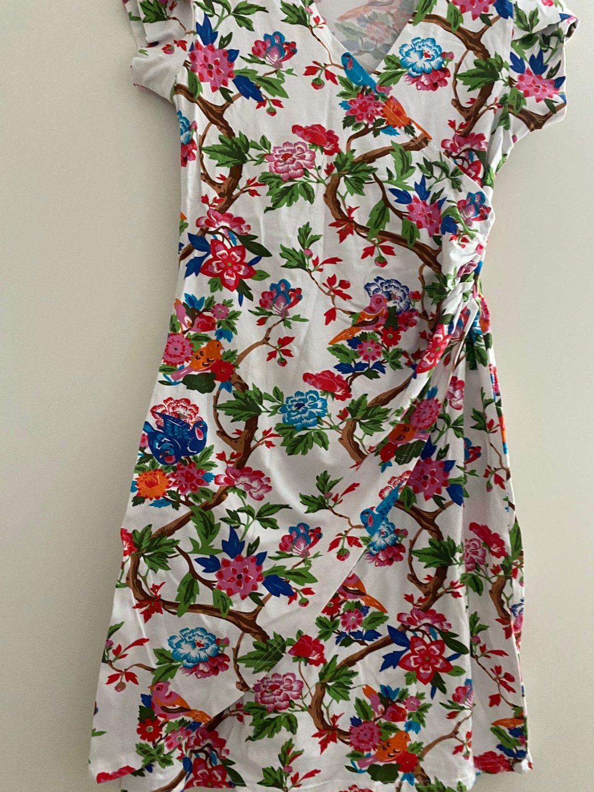 Lien & Giel overslagjurk met bloemen- en vogelprint, Ophalen of Verzenden, Zo goed als nieuw, Wit, Knielengte