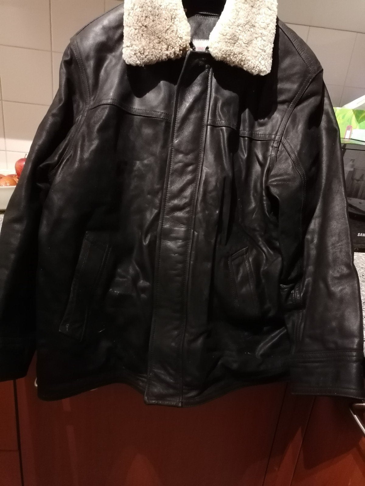 Bruine Leren jas met teddy kraag, Kleding | Heren, Jassen | Winter, Gedragen, Maat 52/54 (L), Zwart, Ophalen