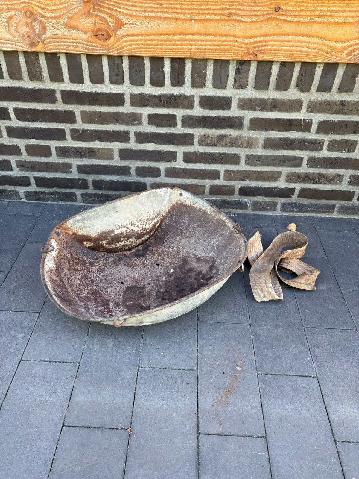 Brocante zinken zaaibak met draagriem - decoratief, Ophalen