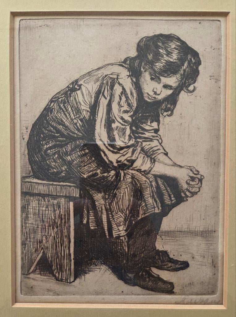 Portret jonge vrouw. Ets. Gesigneerd., Antiek en Kunst, Kunst | Etsen en Gravures, Ophalen of Verzenden