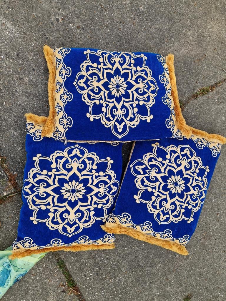 Set van 3 Grote Woonkussens - Blauw met Beige mandala, Ophalen of Verzenden, Nieuw, Blauw, Rechthoekig