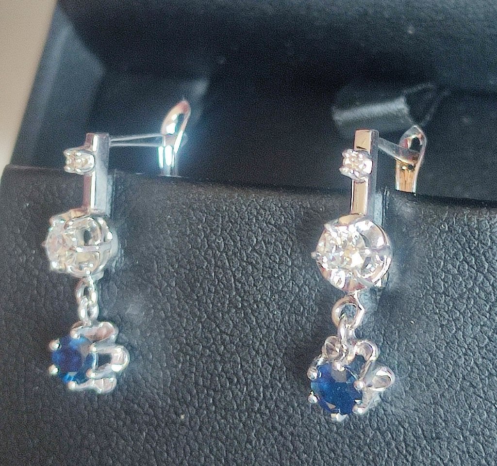 Goud/platinum oorbellen met saffier en diamanten ca 1910, Sieraden, Tassen en Uiterlijk, Oorbellen, Zo goed als nieuw, Goud, Goud