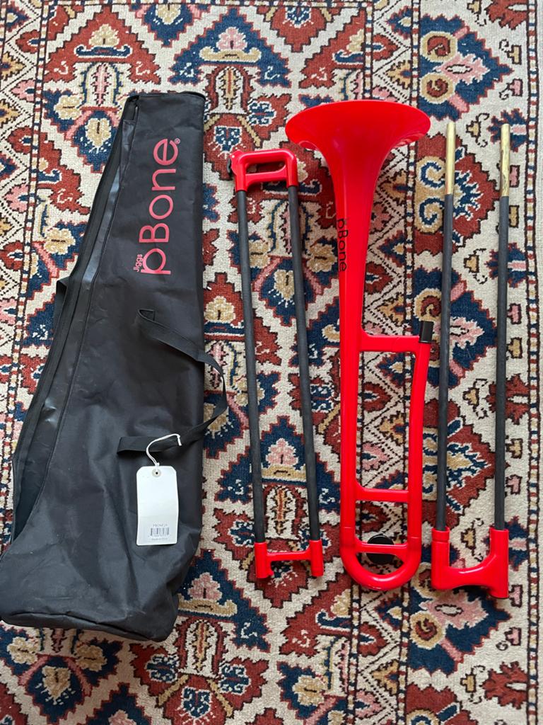 Rode pBone kunststof trombone met draagtas, Muziek en Instrumenten, Ophalen of Verzenden, Zo goed als nieuw, Overige typen, Met koffer
