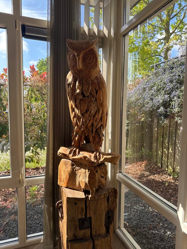 Grote handgesneden houten uil - 105 cm, Antiek en Kunst, Ophalen, Houtsnijwerk, Handgemaakt, 1 meter - 2 meter