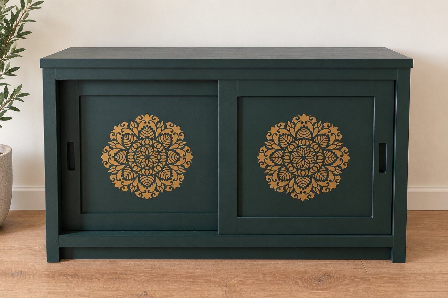 Unieke houten kast / dressoir – handbeschilderd donkergroen, Ophalen, Uniek, 100 tot 150 cm, Eikenhout