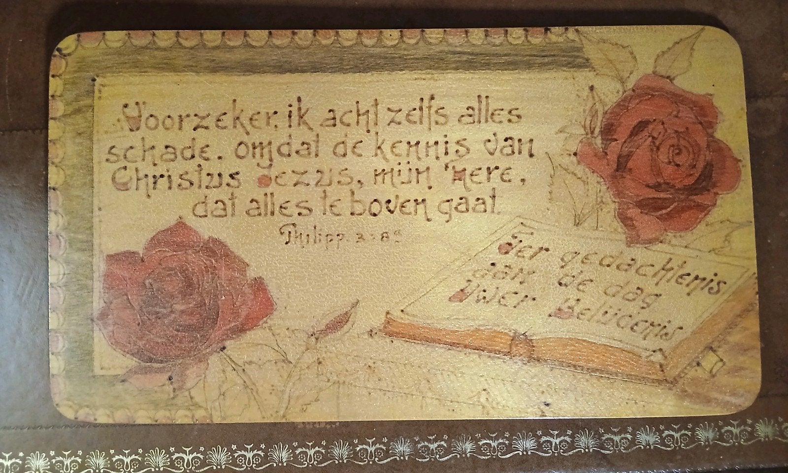 Vintage houten wandbord Philippensen 3:8 – Belijdenis, 45 cm, Ophalen of Verzenden, Gebruikt, Christendom | Protestants