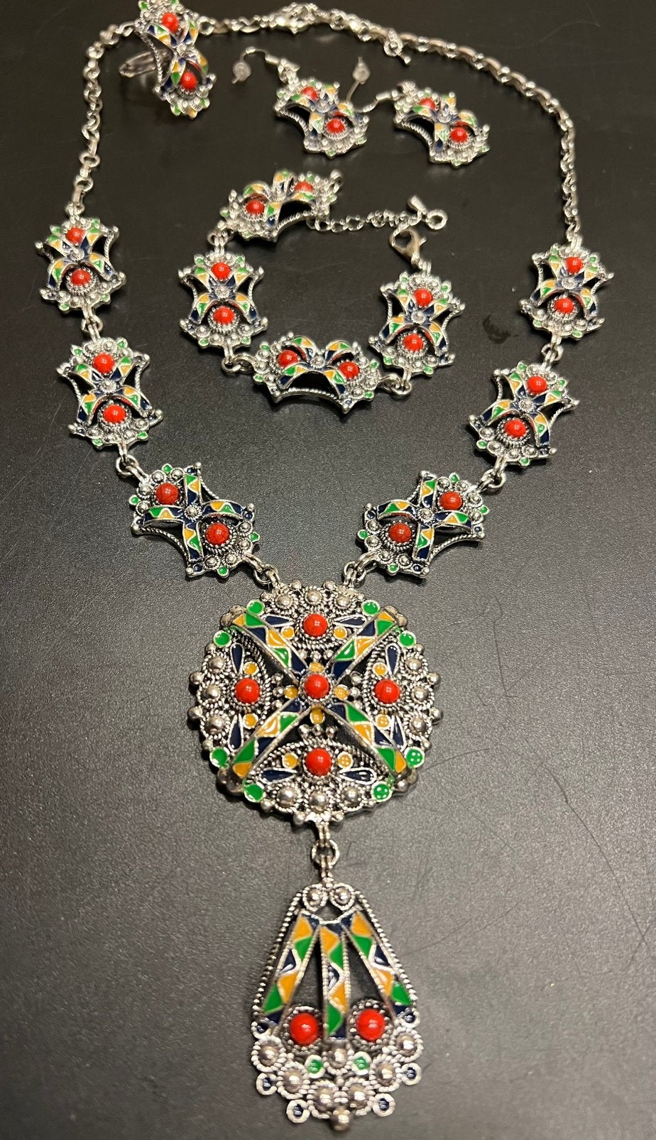 Prachtige zilverkleur + emaille Kabyle Berber sieradenset, Overige materialen, Verstelbaar, Ophalen of Verzenden, Zo goed als nieuw