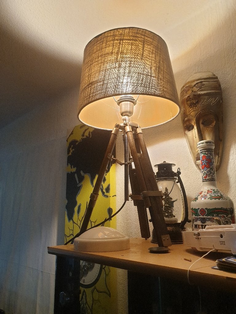 Vintage Tripod Tafellamp met Stoffen Kap, Ophalen, Gebruikt, Bruin, Overige typen