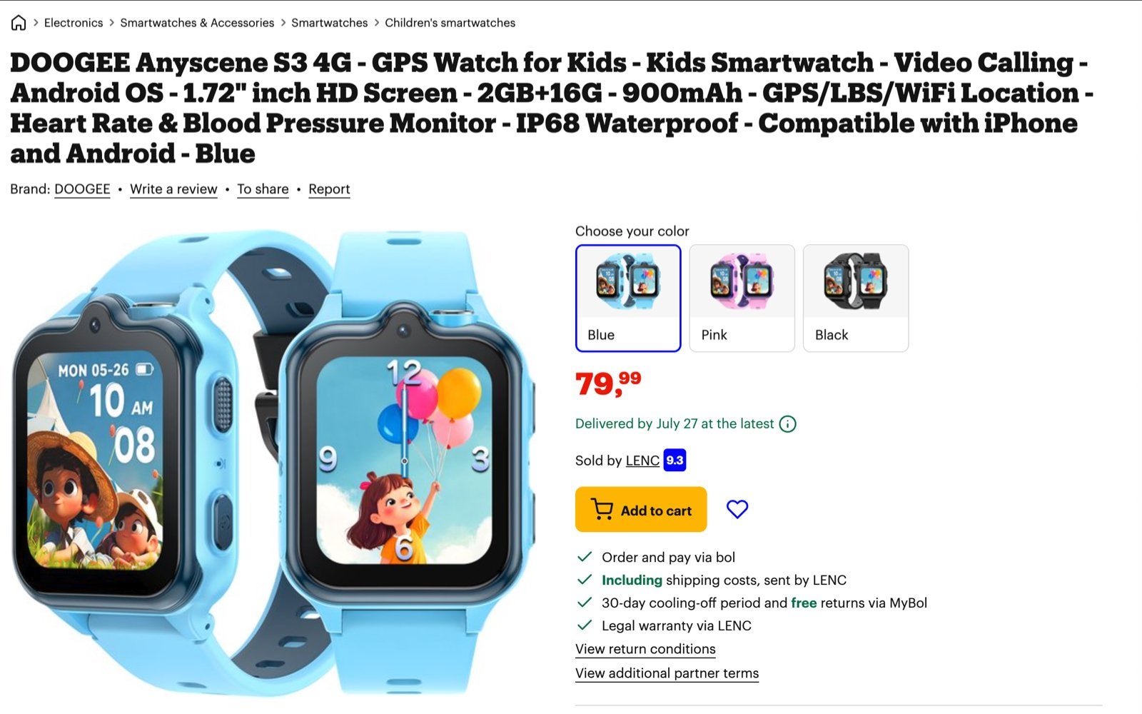 DOOGEE Anyscene S3 4G Kids Smartwatch - Blauw, Ophalen, Nieuw, Blauw, Jongen of Meisje