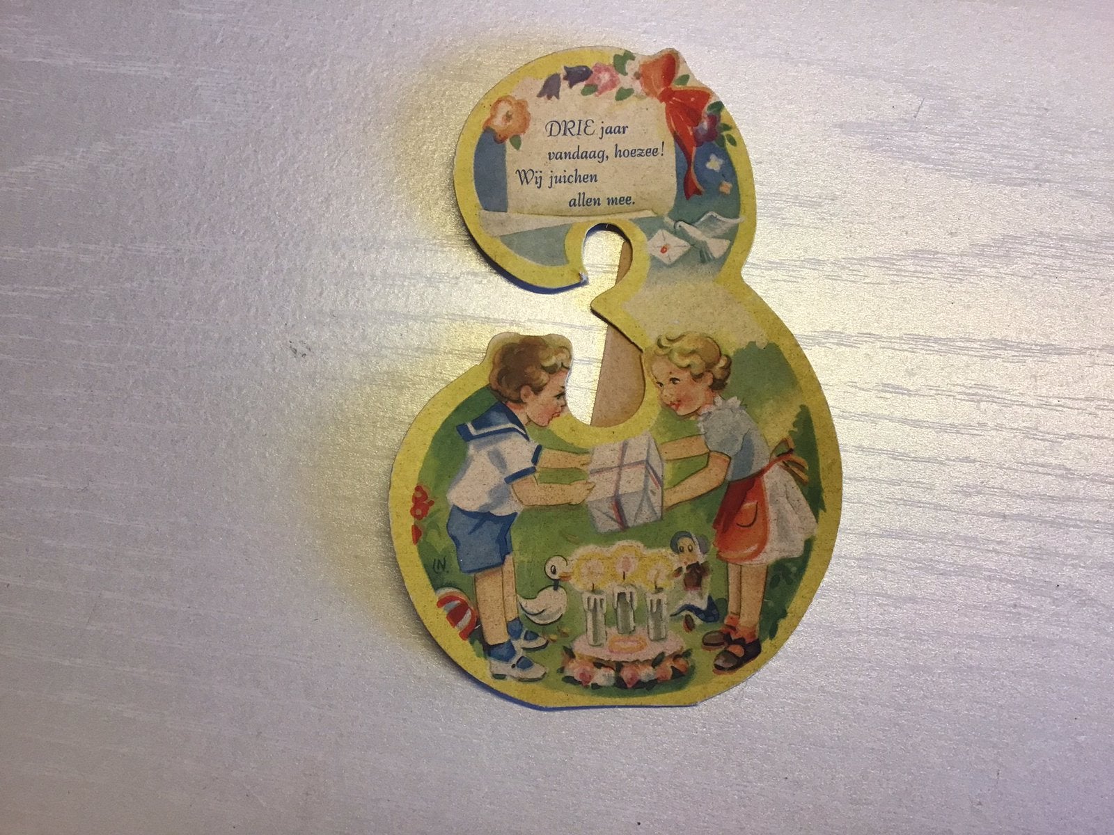 Verjaardagskaart cijfer 3 uit 1953, Ophalen of Verzenden, Gebruikt, Plaatje