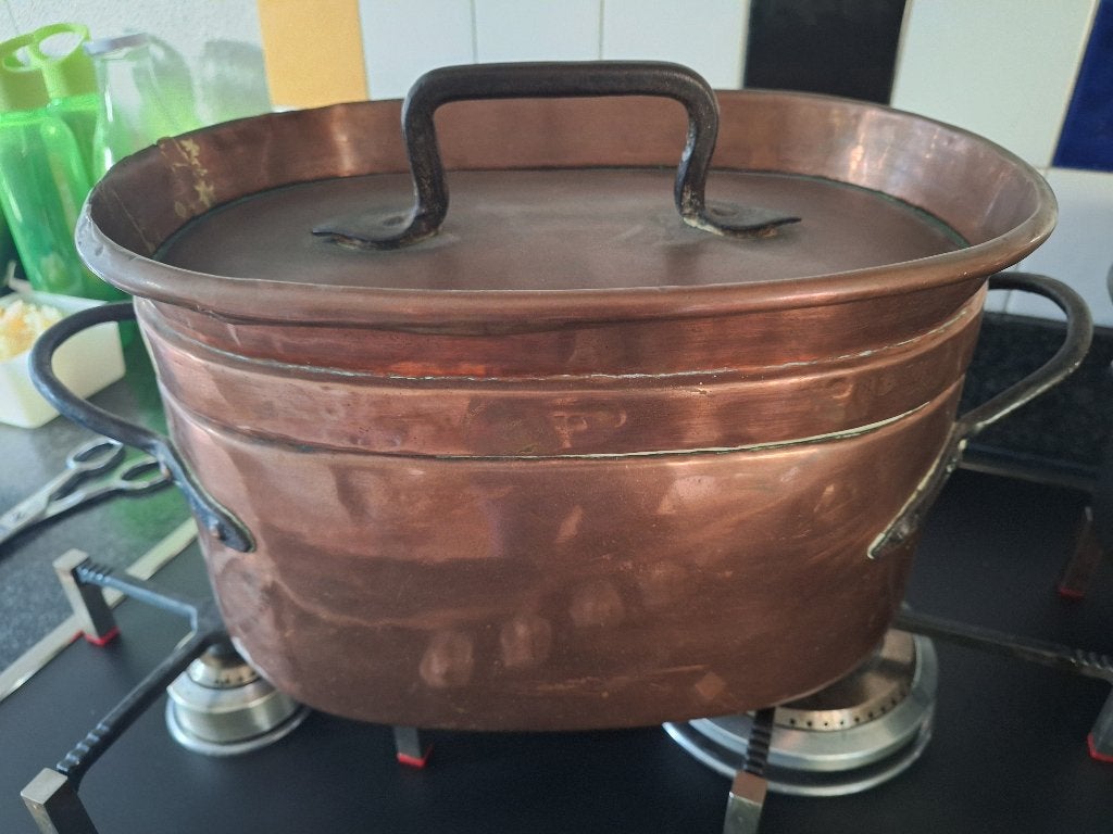 Antieke Franse koperen stoofpot Doubiere., Antiek en Kunst, Ophalen of Verzenden, Koper