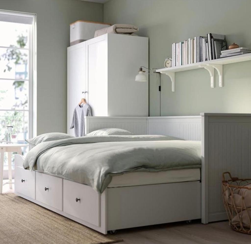 IKEA Hemnes uitschuifbaar bed 3 lades incl GRATIS matrassen, Ophalen, Gebruikt, Wit, Tweepersoons