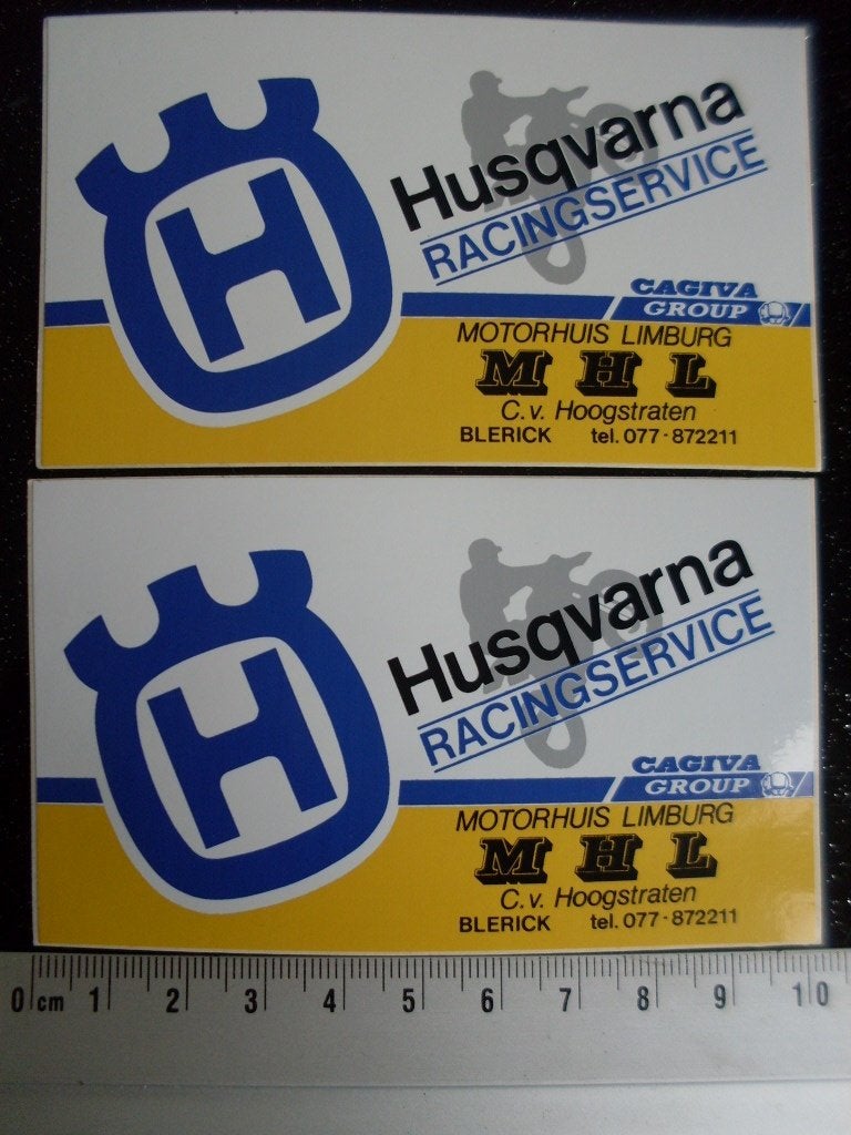 2x sticker Husqvarna racing service motorhuis limburg logo, Verzamelen, Verzenden, Zo goed als nieuw, Bedrijf of Vereniging