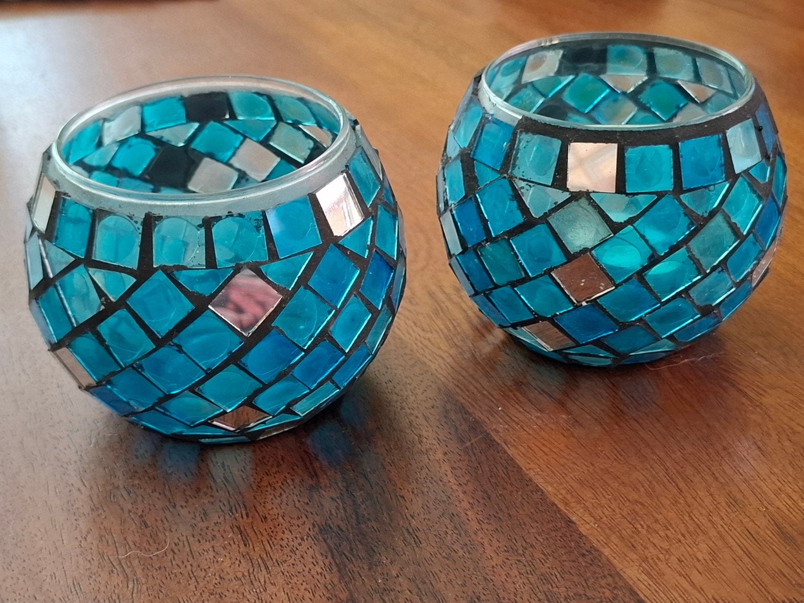 Set van 2 mozaïek waxinelichthouders, blauw/zilver, Blauw, Overige merken, Waxinelichthouder, Ophalen of Verzenden