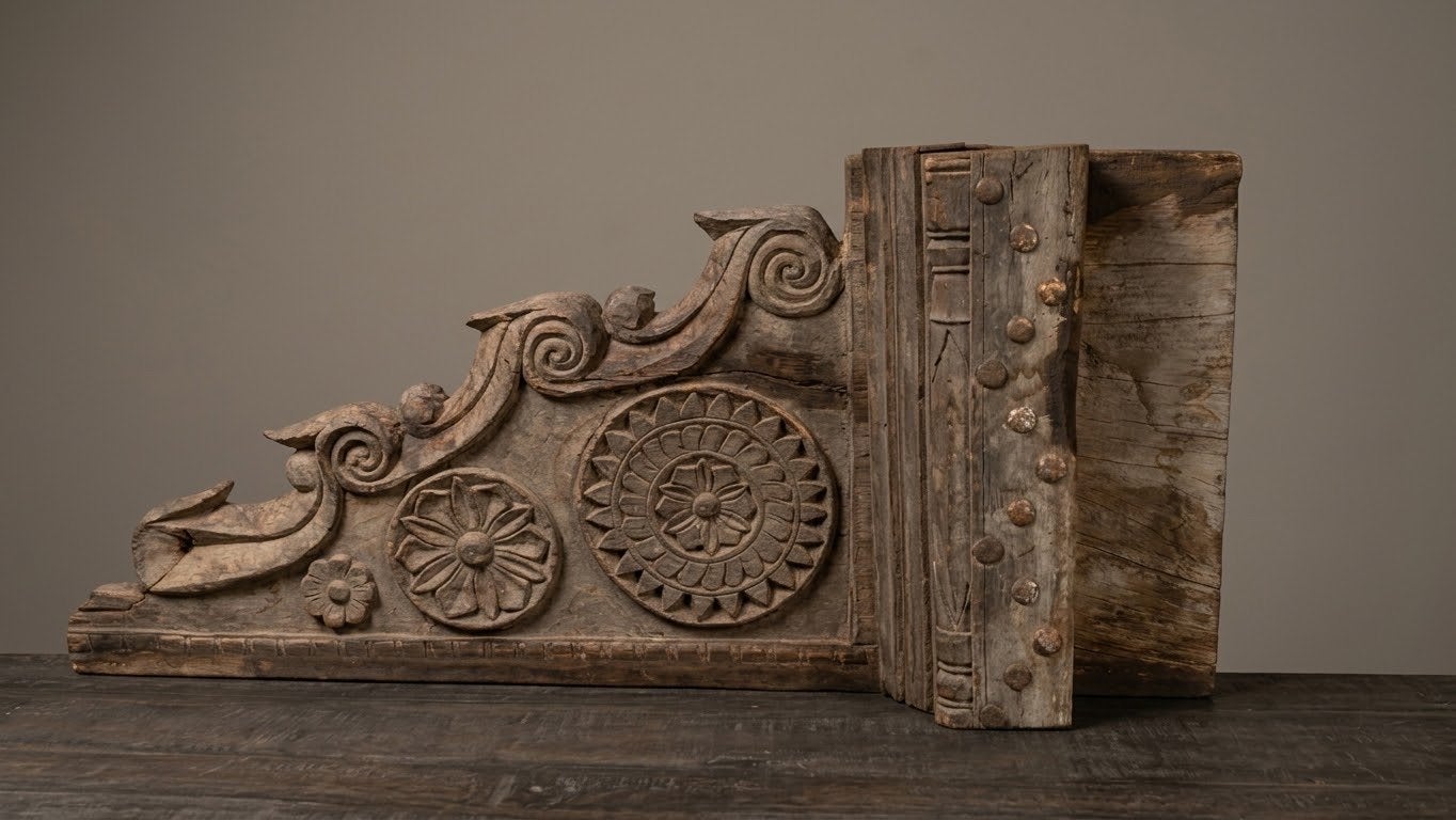 Oud Indiaas ornament met rijk houtsnijwerk - 90x13x41 cm, Ophalen of Verzenden