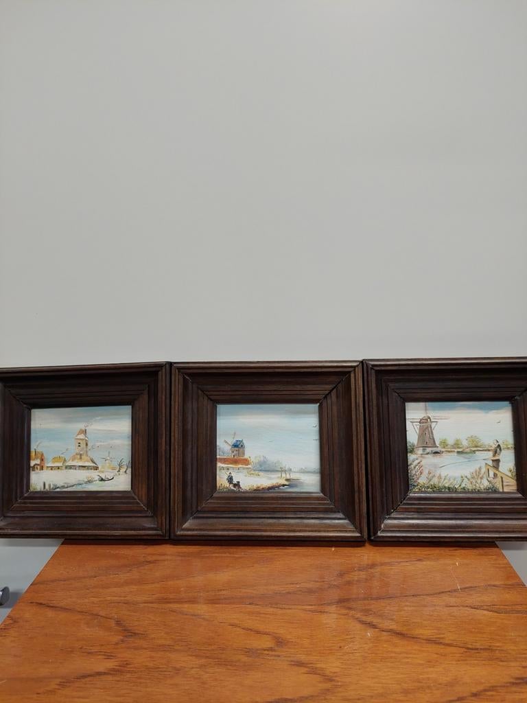 3 Kleine ingelijste schilderijtjes met Hollands landschap, Ophalen of Verzenden