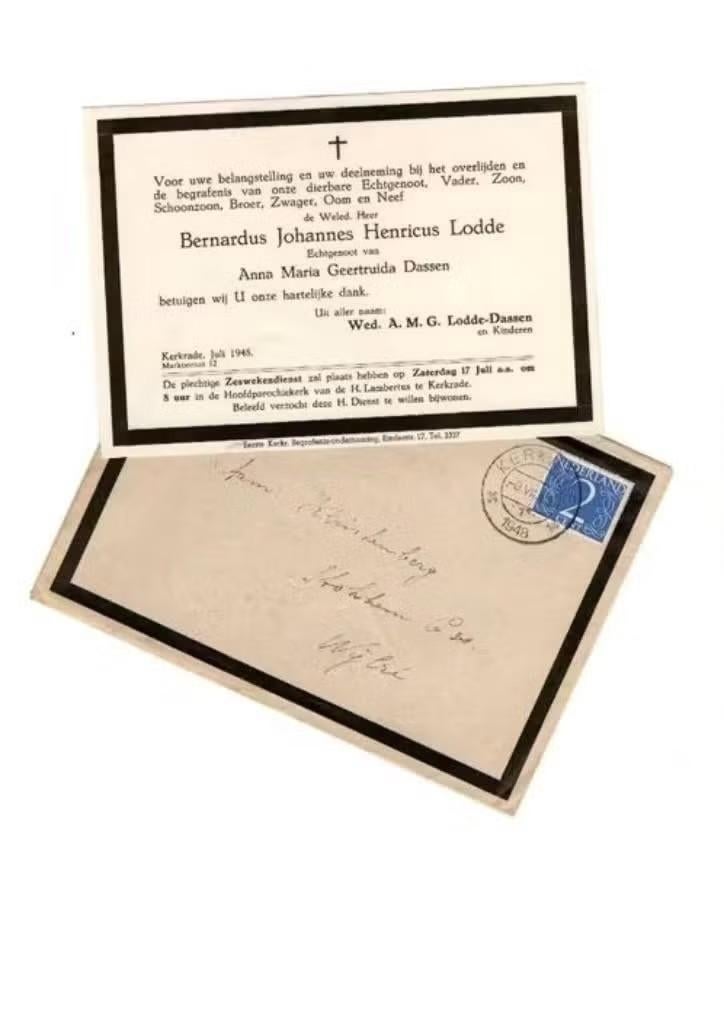 Rouwkaart Kerkrade Lodde Dassen Bedankkaart 1948., Verzamelen, Bidprentjes en Rouwkaarten, Ophalen of Verzenden, Rouwkaart