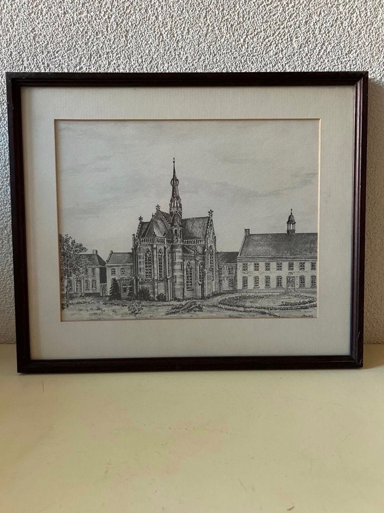 Ingekaderde tekening Nieuwe Kerk Groningen J Bevers, Ophalen of Verzenden, Tekening, Potloodtekening, Gesigneerd