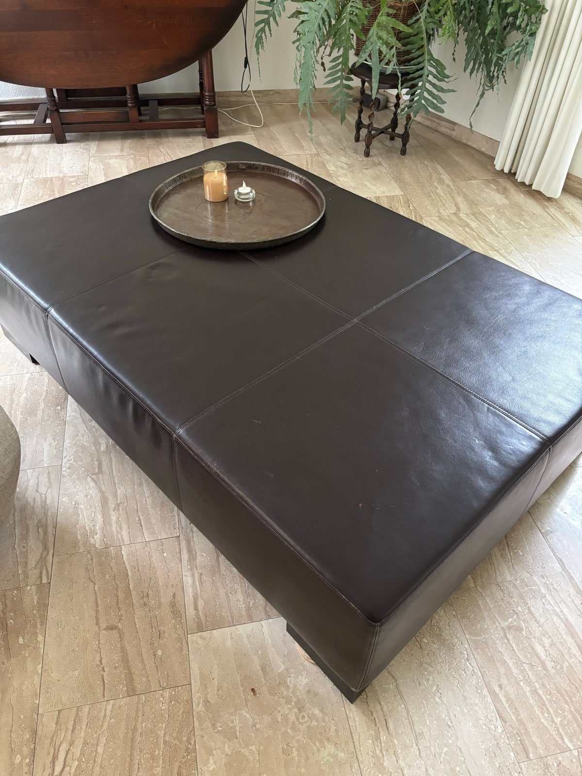 Leren Poef/Salontafel - Donkerbruin, Huis en Inrichting, Ophalen, Overige materialen, Gebruikt, 100 tot 150 cm