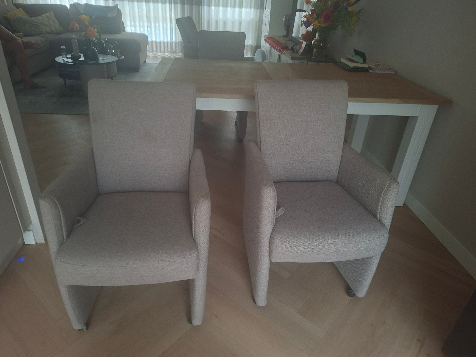 6 Henders & Hazel stoelen: 2 leer, 4 stof met relaxfunctie, Huis en Inrichting, Stoelen, Ophalen, Gebruikt, Overige kleuren, Vijf, Zes of meer stoelen