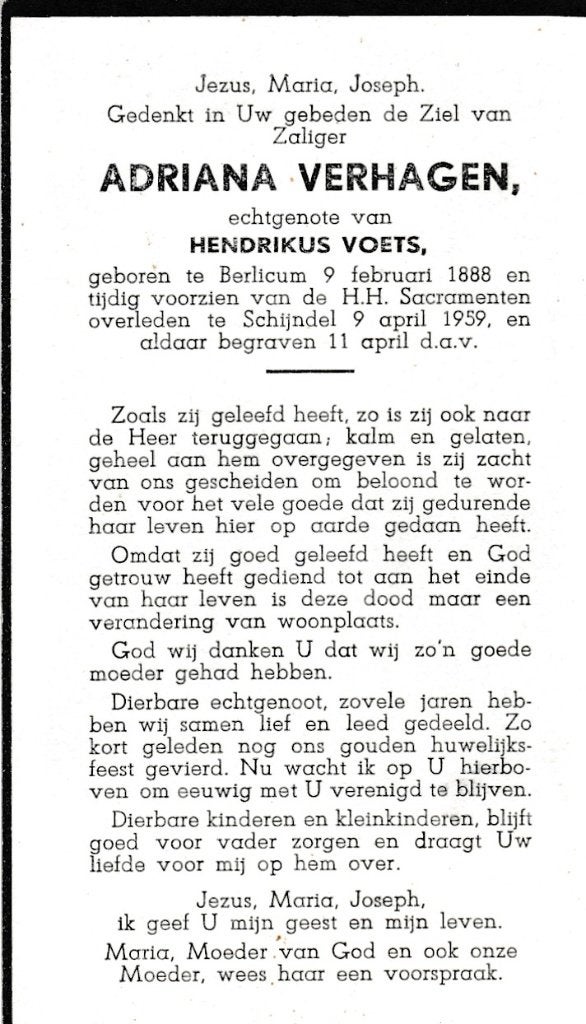 Verhagen Adriana 1888 Berlicum 1959 Schijndel, Ophalen of Verzenden, Bidprentje